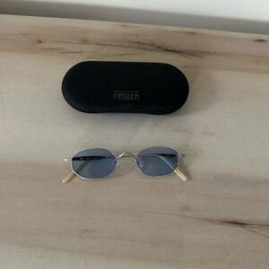 Matsuda Oval Silver Frame Sunglasses with Blue Lenses